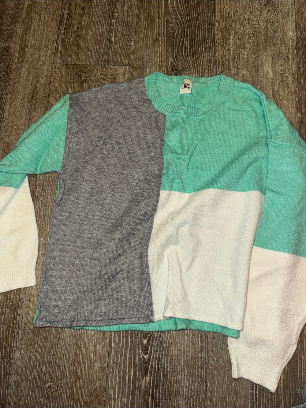 Sew In Love Mint, Gray & White Colorblock Crewneck Sweater